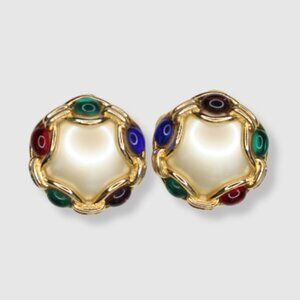 Vintage 1980s Pearl and Enamel Gold-Tone Clip-On Earrings
